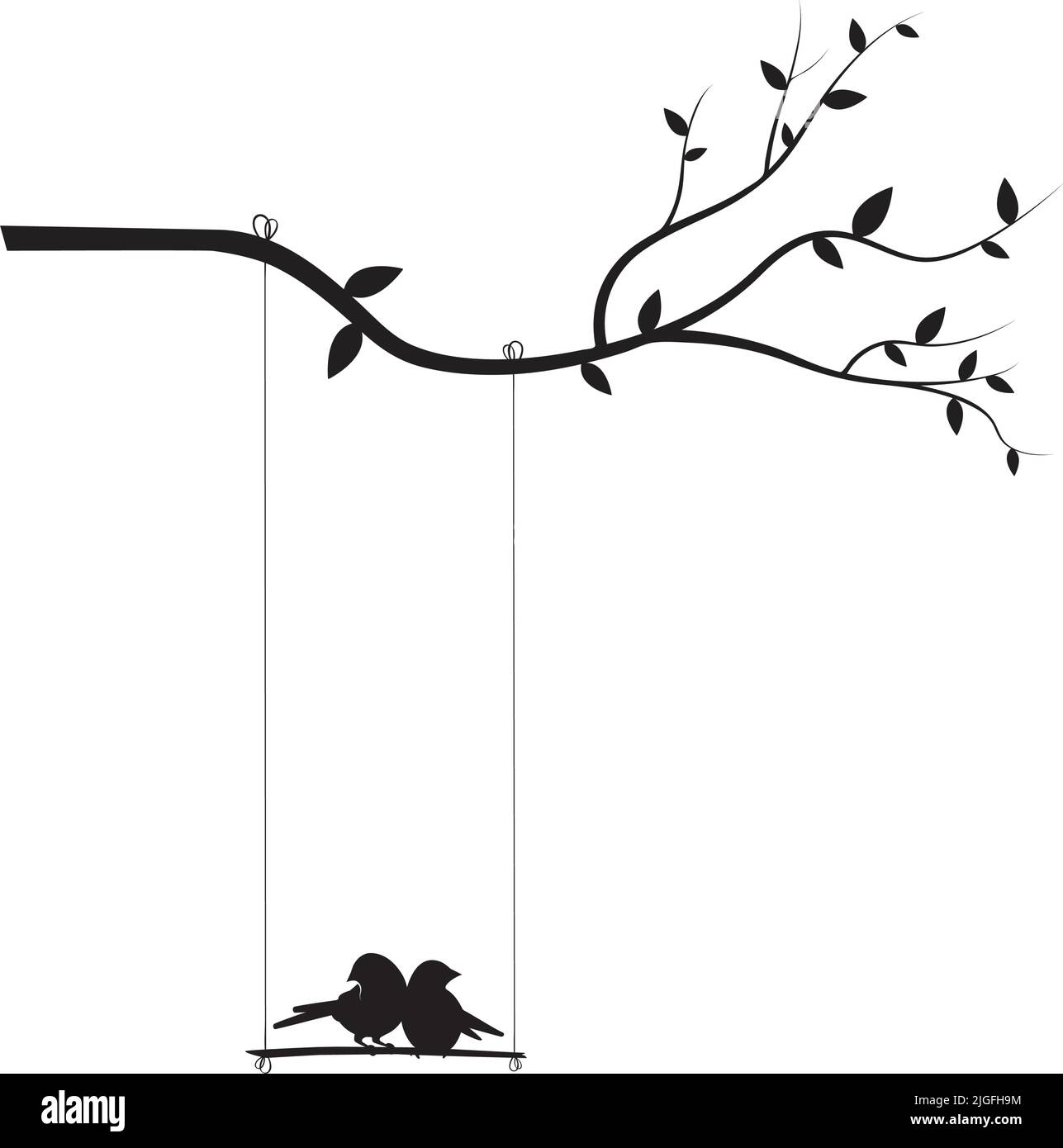 Birds on swing on branch isolated on white background, illustration. Birds couple on a swing