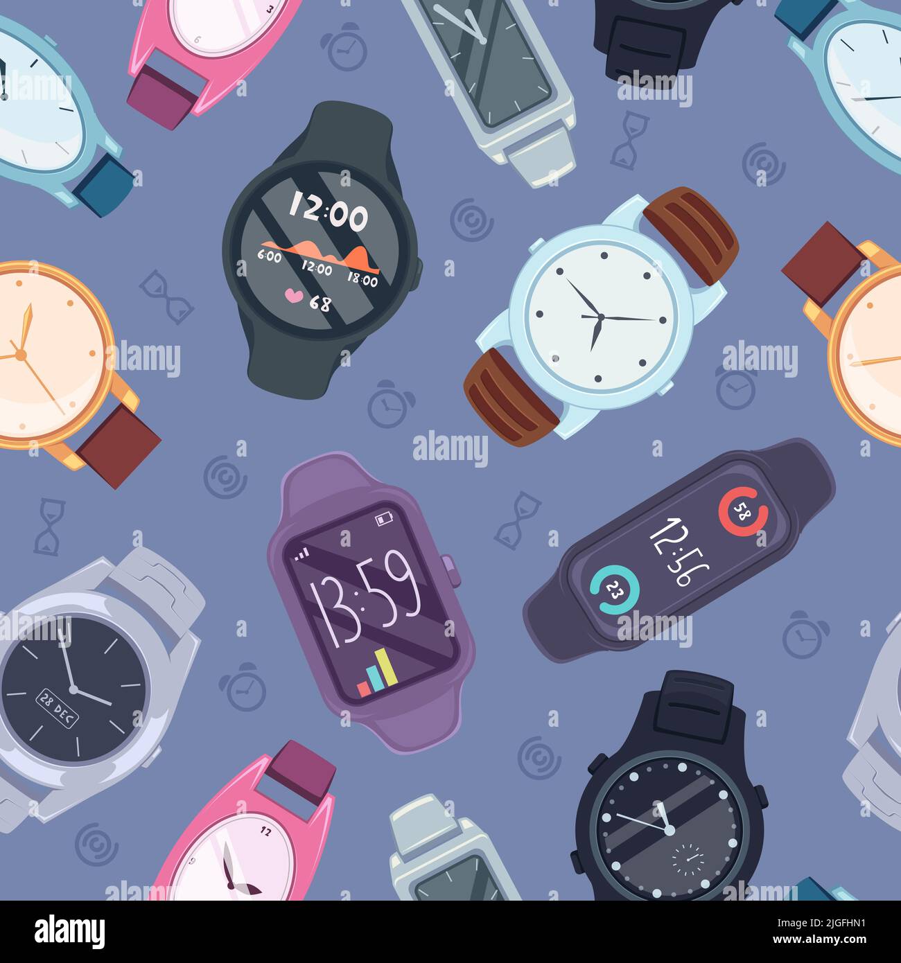 Watches pattern. Fashioned luxury tools for businessmen hand watches collection exact vector seamless background Stock Vector