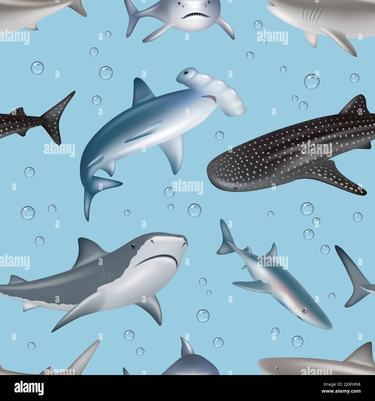 Underwater pattern. Angry wild shark swimming decent vector realistic seamless background with fishes Stock Vector