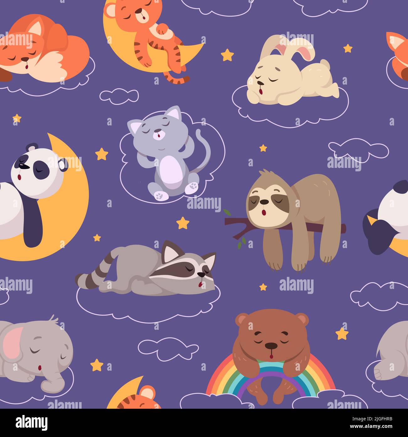 Sleeping animals pattern. Wild funny night animals in relaxes poses exact vector seamless cartoon background asleep characters Stock Vector