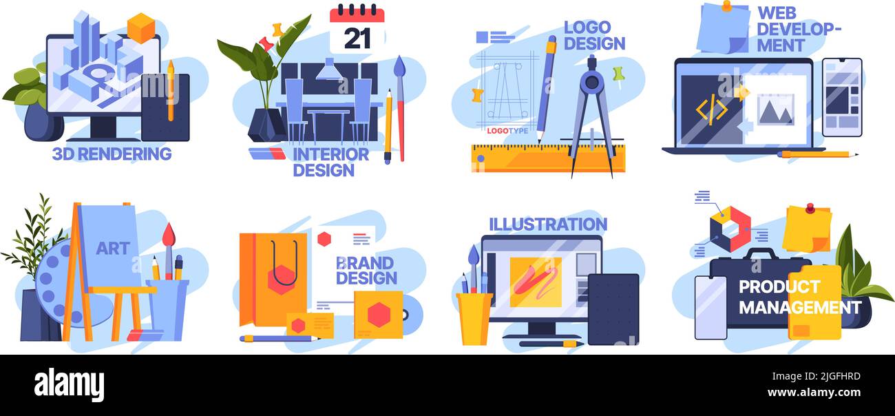 Creative icons for designers. Web art package design artists creative illustrations garish vector templates Stock Vector