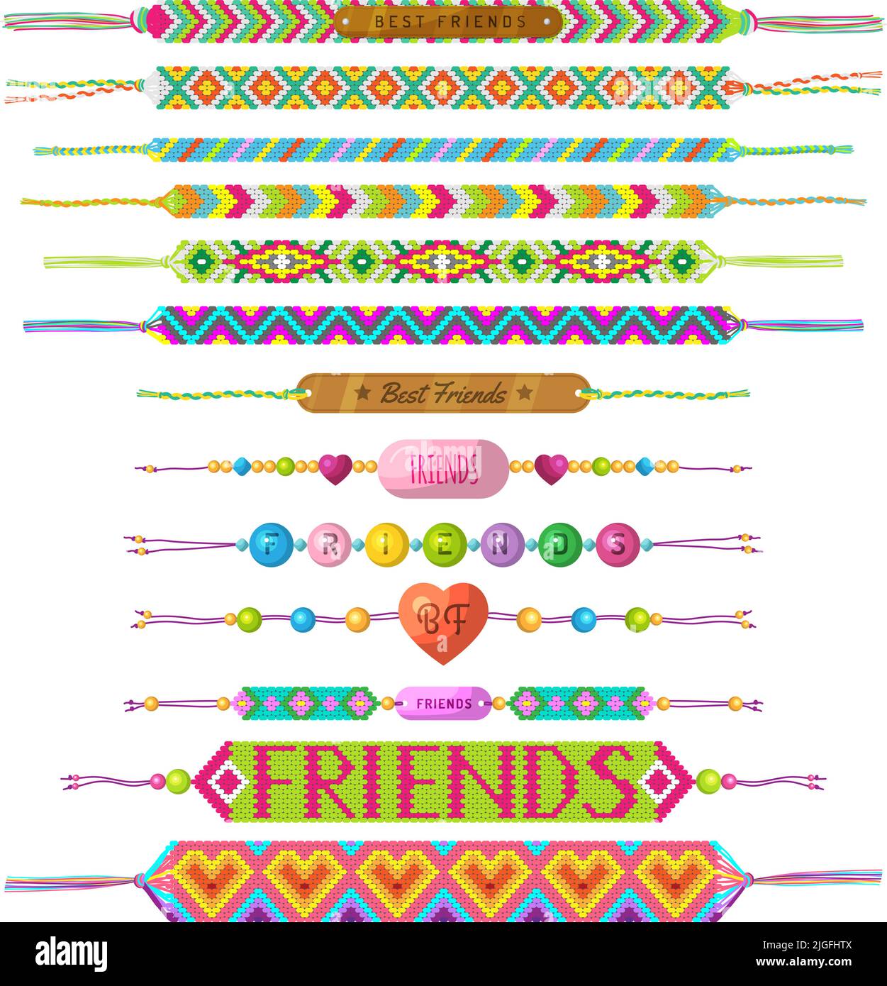 Ethnic bracelet. Handmade colored wristbands friendship connection symbols hippie recent vector jewelry templates Stock Vector