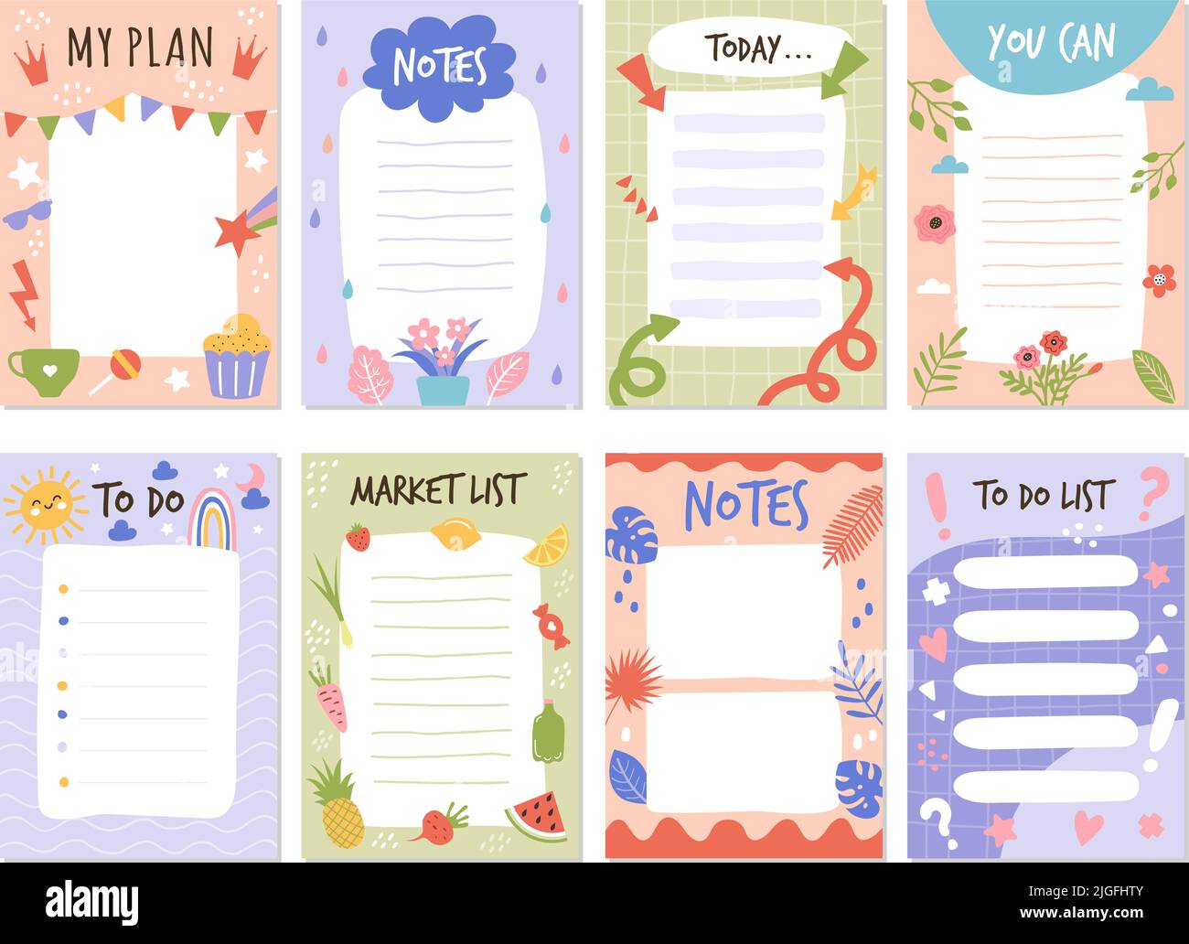 Planner list. To do organized checklist template with place for text educational month stickers schedule elements recent vector collection set Stock Vector