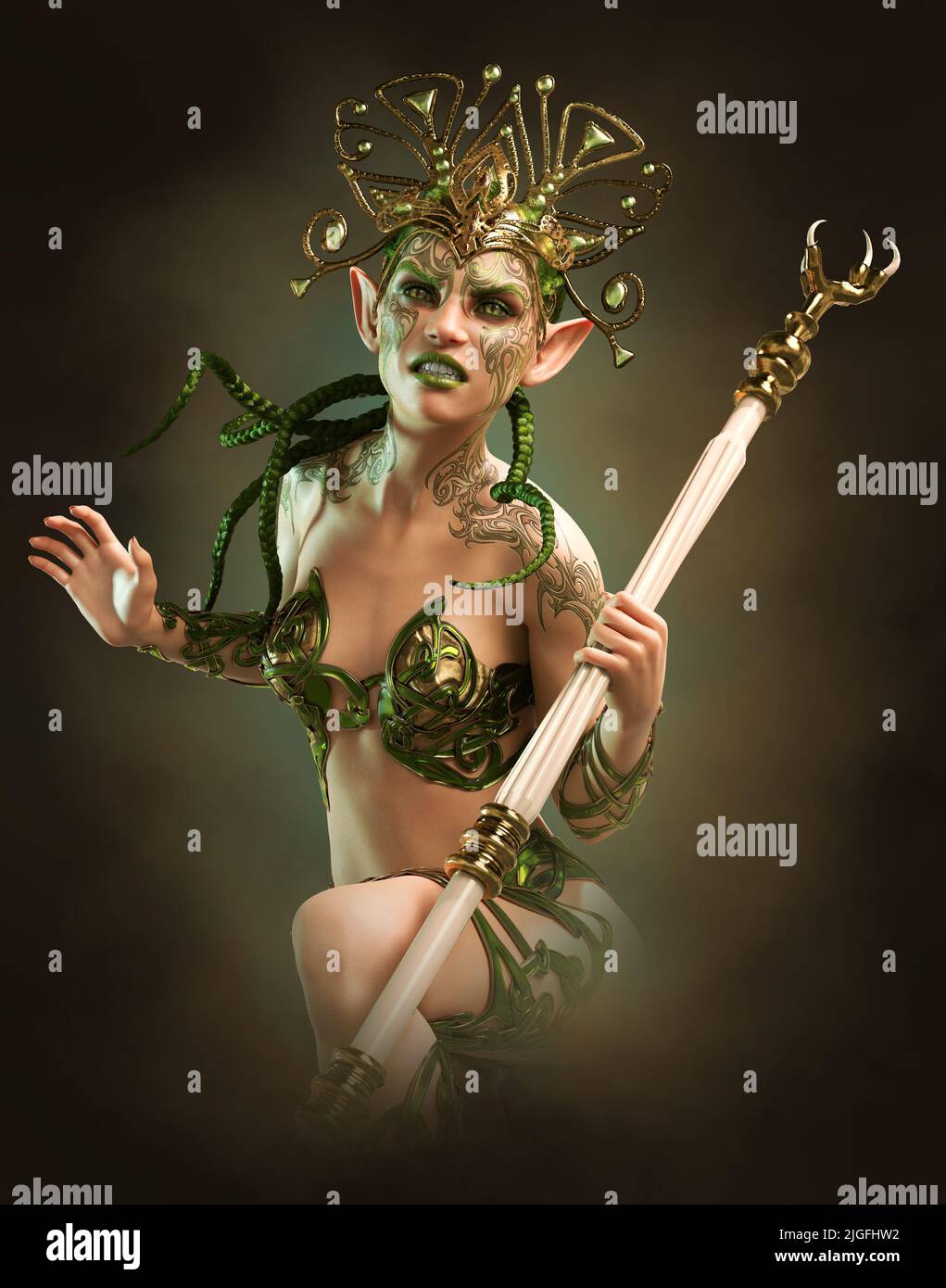 3d computer graphics of a fairy with face tattoo, headdress and wand Stock Photo
