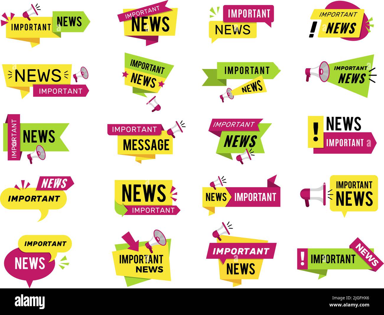 Loudspeaker sticker. Important news banners announce ads stickers discount price recent vector picture set Stock Vector