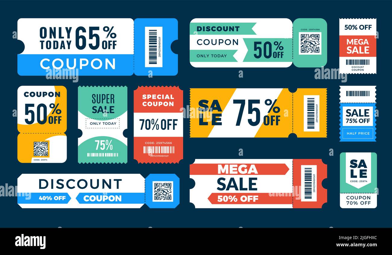 Coupon discount. Retail ads banners with price drop stickers barcode templates recent vector illustrations set Stock Vector