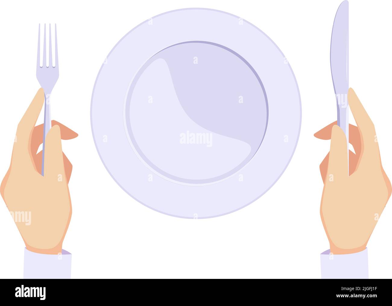 Hands with plate. Restaurant background person holding knife and fork kitchenware hungry person dinerman garish vector cartoon background Stock Vector