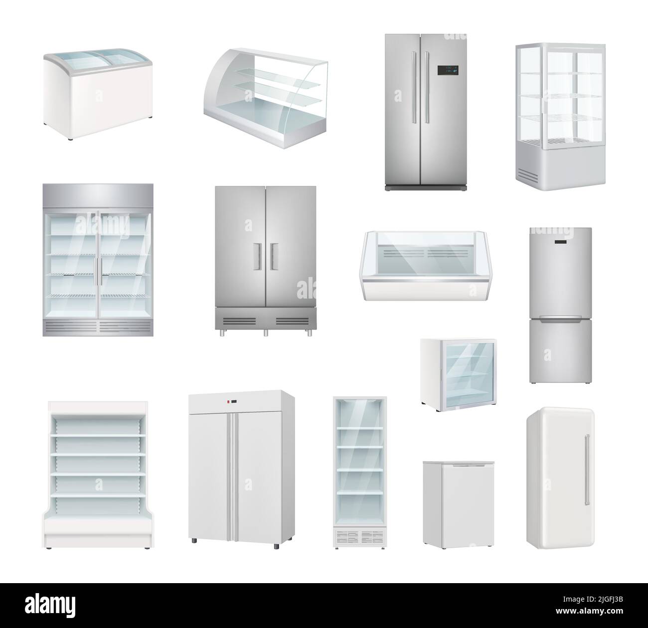 Refrigerators. Industrial and home frozen refrigerators various models decent vector illustrations in realistic style Stock Vector