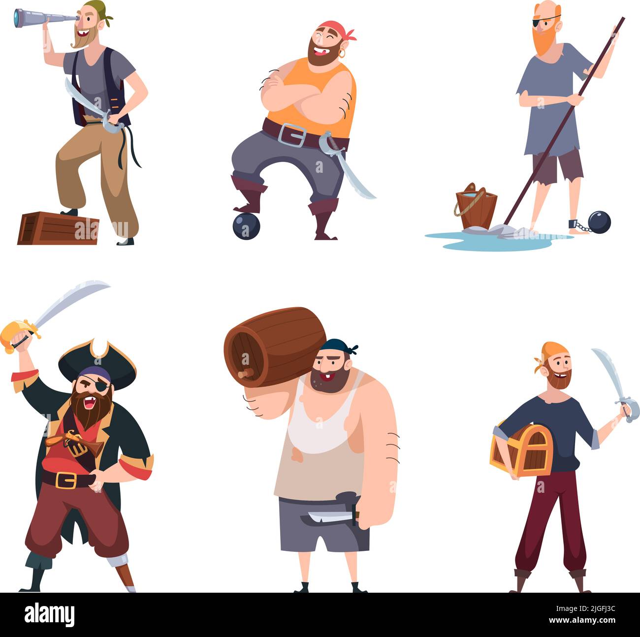 Pirates. Vintage aggressive sailors captain jack with rum and weapons exact vector pirate characters in action poses Stock Vector