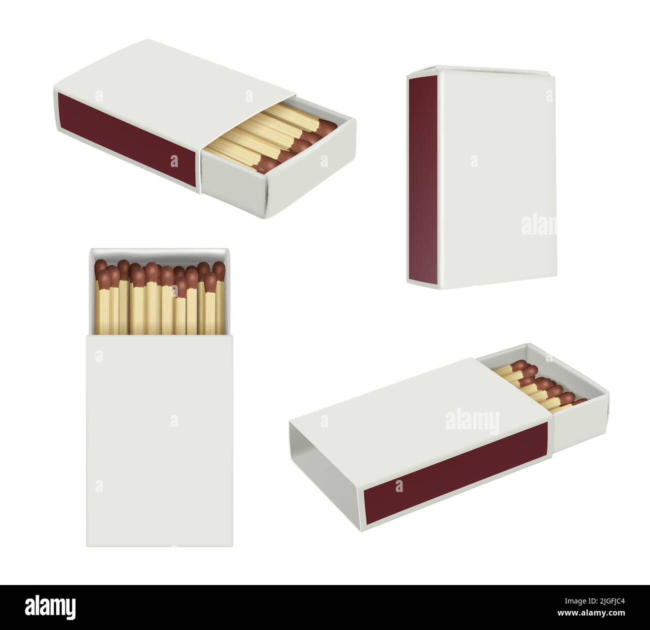 Matchboxes. Realistic burning stick matches containers for wooden matches decent vector templates set Stock Vector