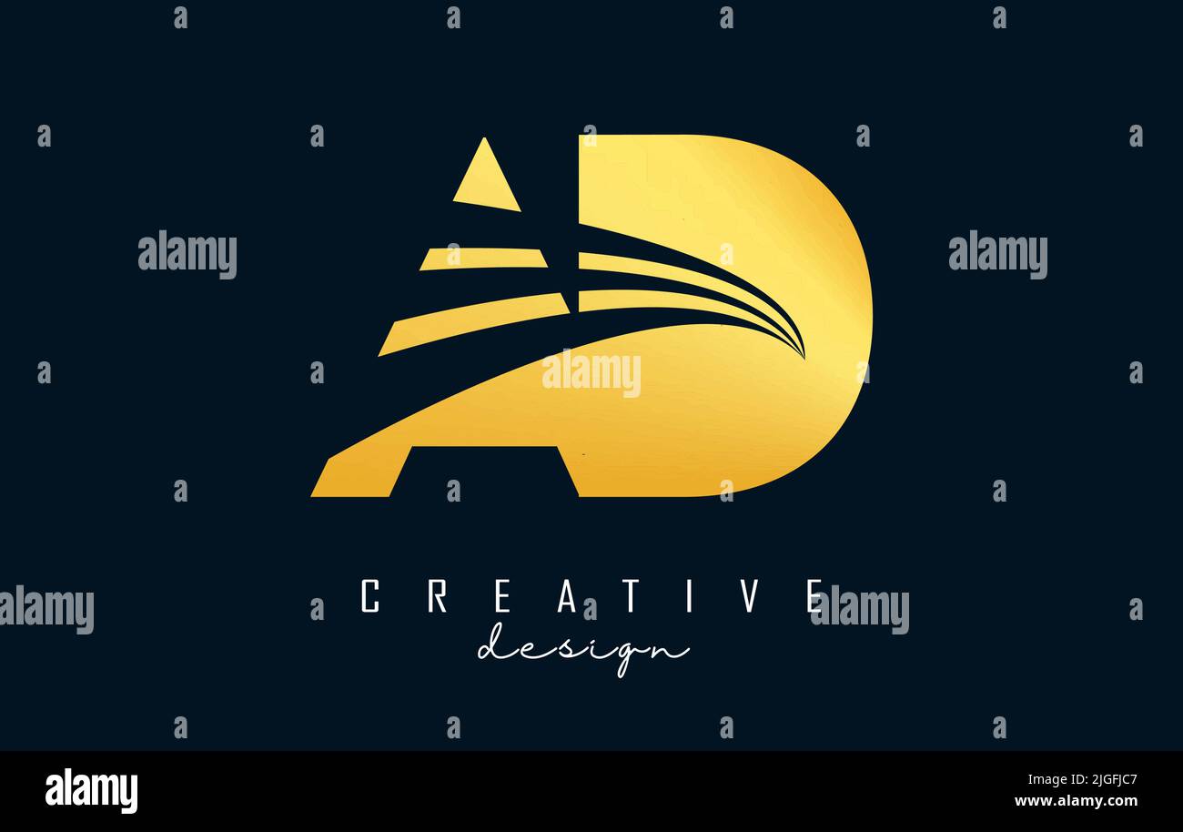 Creative golden letter AD a d logo with leading lines and road concept ...