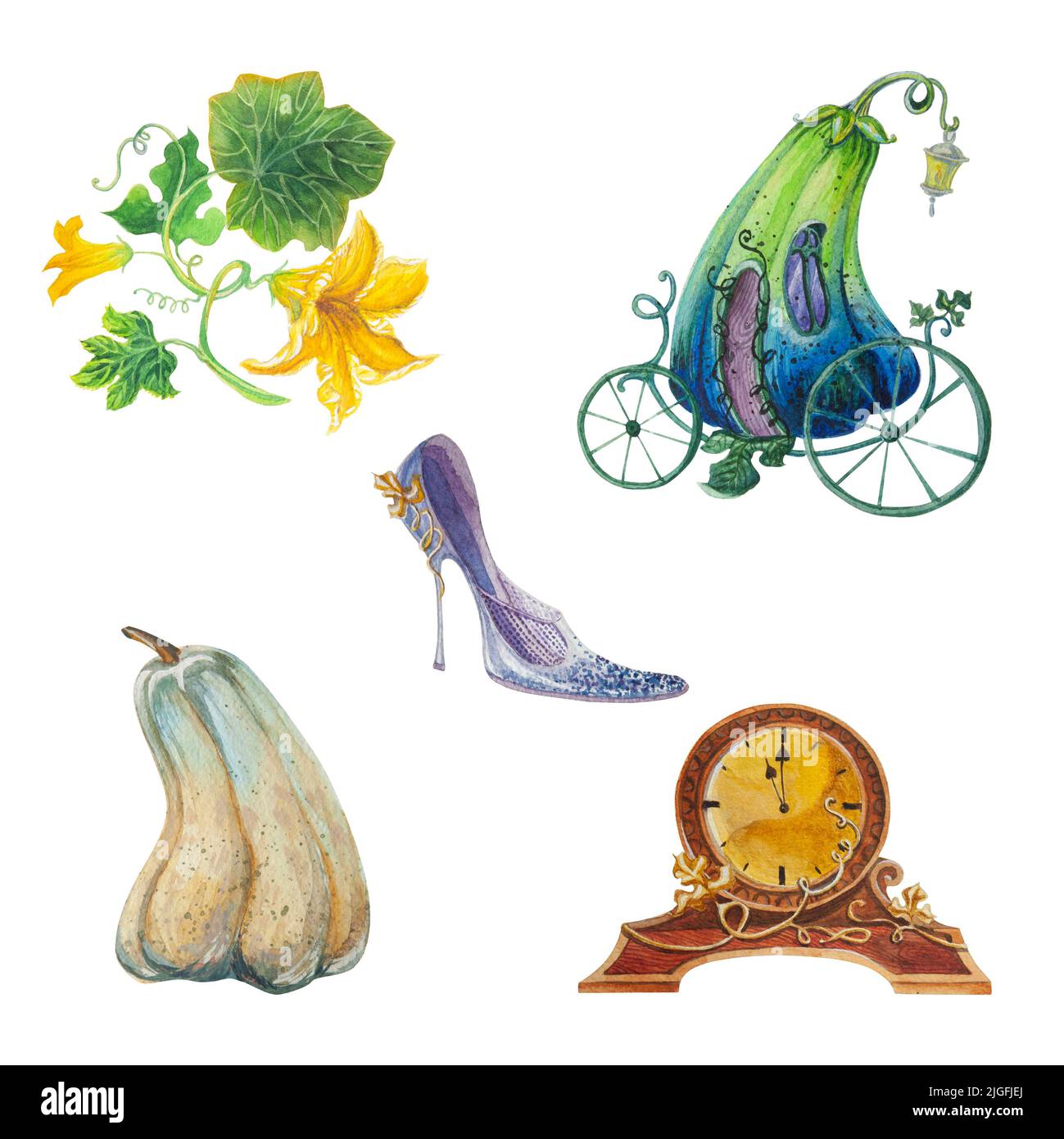 Cinderella's set of watercolor illustrations on a white background. Suitable for invitations, postcards, printing on textiles. Stock Photo