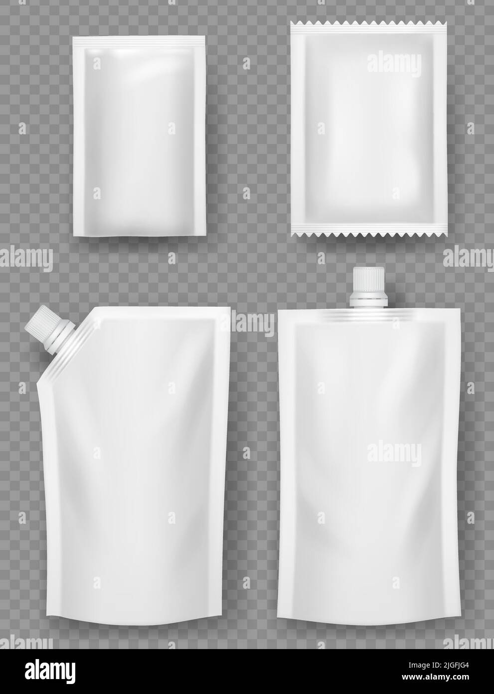 Plastic pouches. Containers white mockup templates of plastic packages for liquid canned food mayonez ketchup decent vector illustrations Stock Vector