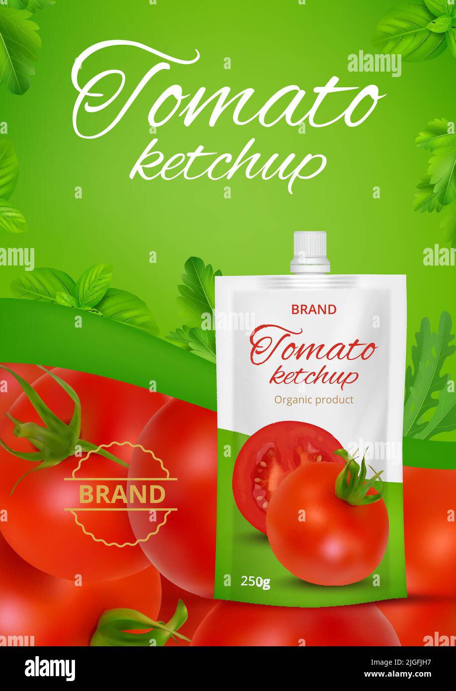 Ketchup poster. Ads label for tomato sauces packages decent vector realistic placard template Stock Vector