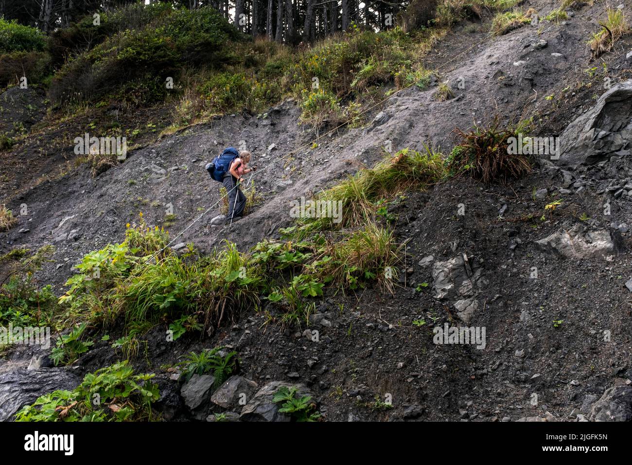 WA20558-00....WASHINGTON - Backpacker crossing a muddy beach head with the aid of a rope in Olympic National Park. MR# S1 Stock Photo