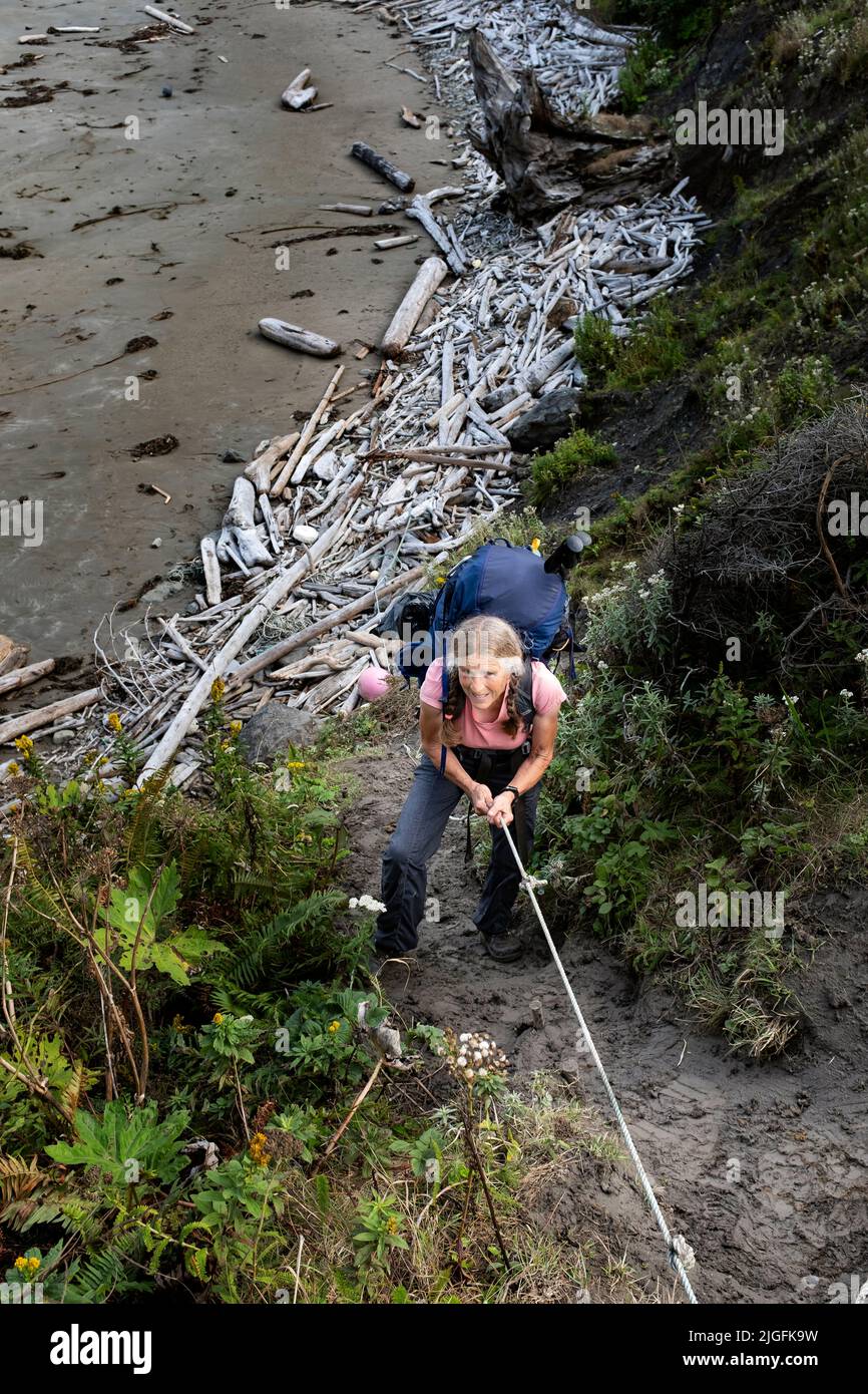 WA20567-00....WASHINGTON - Backpacker crossing a muddy headland  north of Cape Johnson  along the  wilderness coast of Olympic National Park. Stock Photo