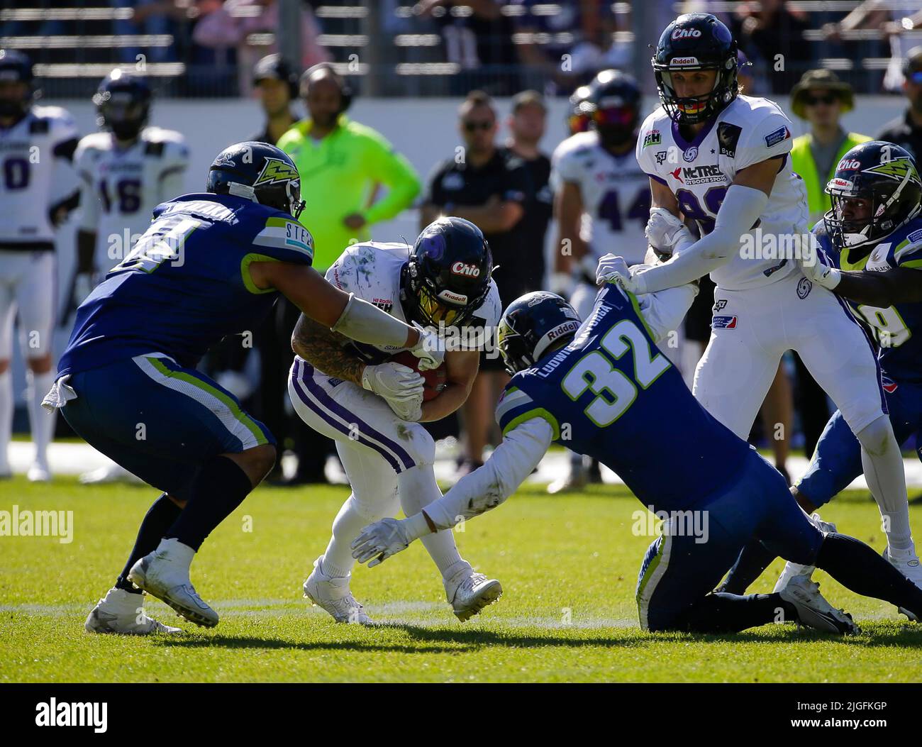 Waldau, Germany. 10th July, 2022. Frankfurt Galaxy RB #27 Thomas Fischbach braces for impact during a European League of Football game between the Stuttgart Surge and the Frankfurt Galaxy at GAZi Stadium in Waldau, Germany. Justin Cooper/CSM/Alamy Live News Stock Photo