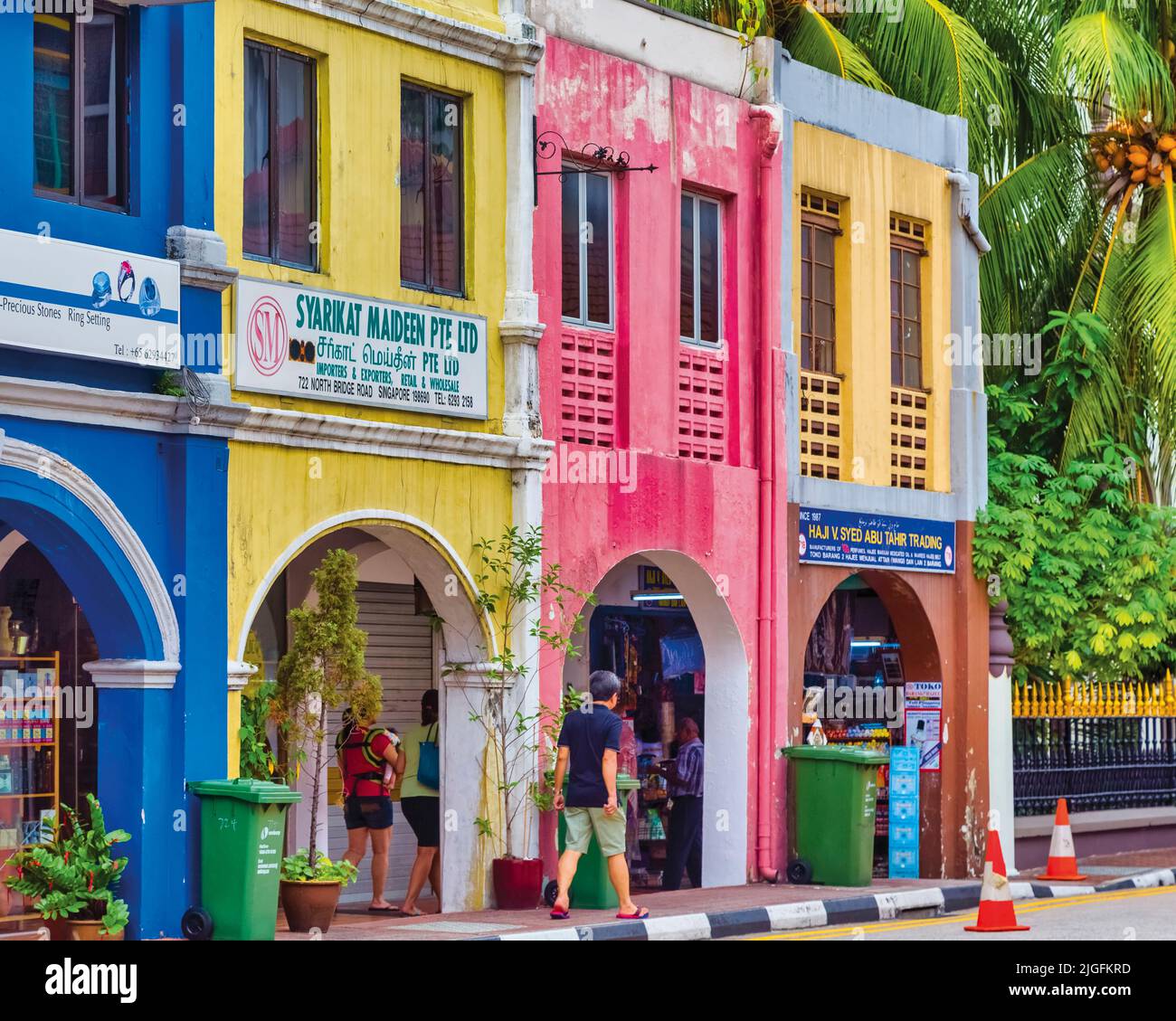Brightly coloured arcade of shops on North Bridge Road in Kampong Glam, or Arab Quarter, Republic of Singapore.  Kampong Glam is one of Singapore's ol Stock Photo