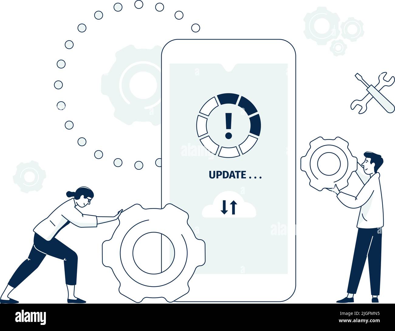 Mobile software app upgrade. Global smartphone system update, digital technology developers maintenance. Install app recent vector concept Stock Vector