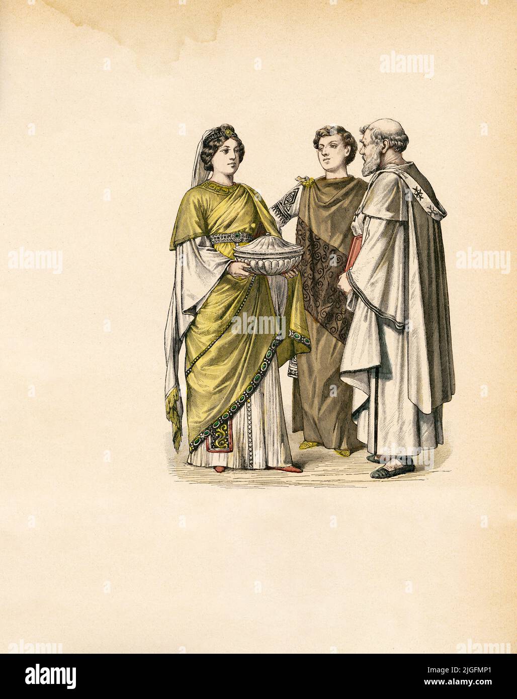 Woman with Two Men in Traditional Dress, Byzantine Empire, early 6th Century, Illustration, The History of Costume, Braun & Schneider, Munich, Germany, 1861-1880 Stock Photo