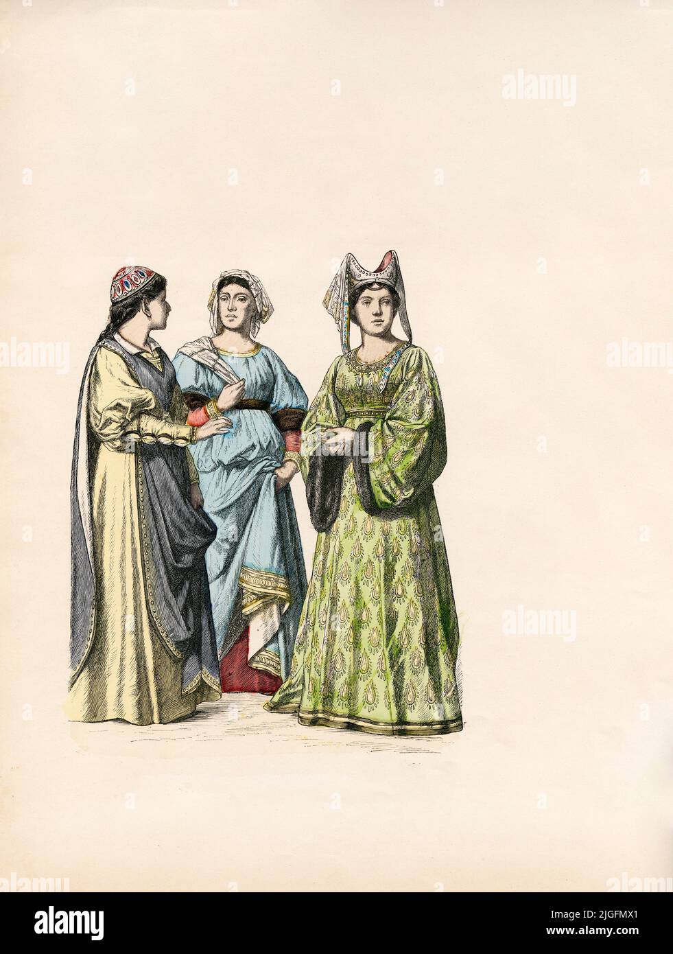 Italian Girl, Noblewoman, Lady of Siena, Italy, Second Half of the 14th Century, Illustration, The History of Costume, Braun & Schneider, Munich, Germany, 1861-1880 Stock Photo
