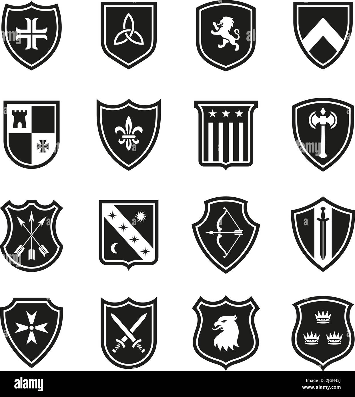Heraldic shields icons. Protection icon, shield safeguarding of honor. Antivirus sign, various shielding badges of army, firewall, protect tidy vector Stock Vector