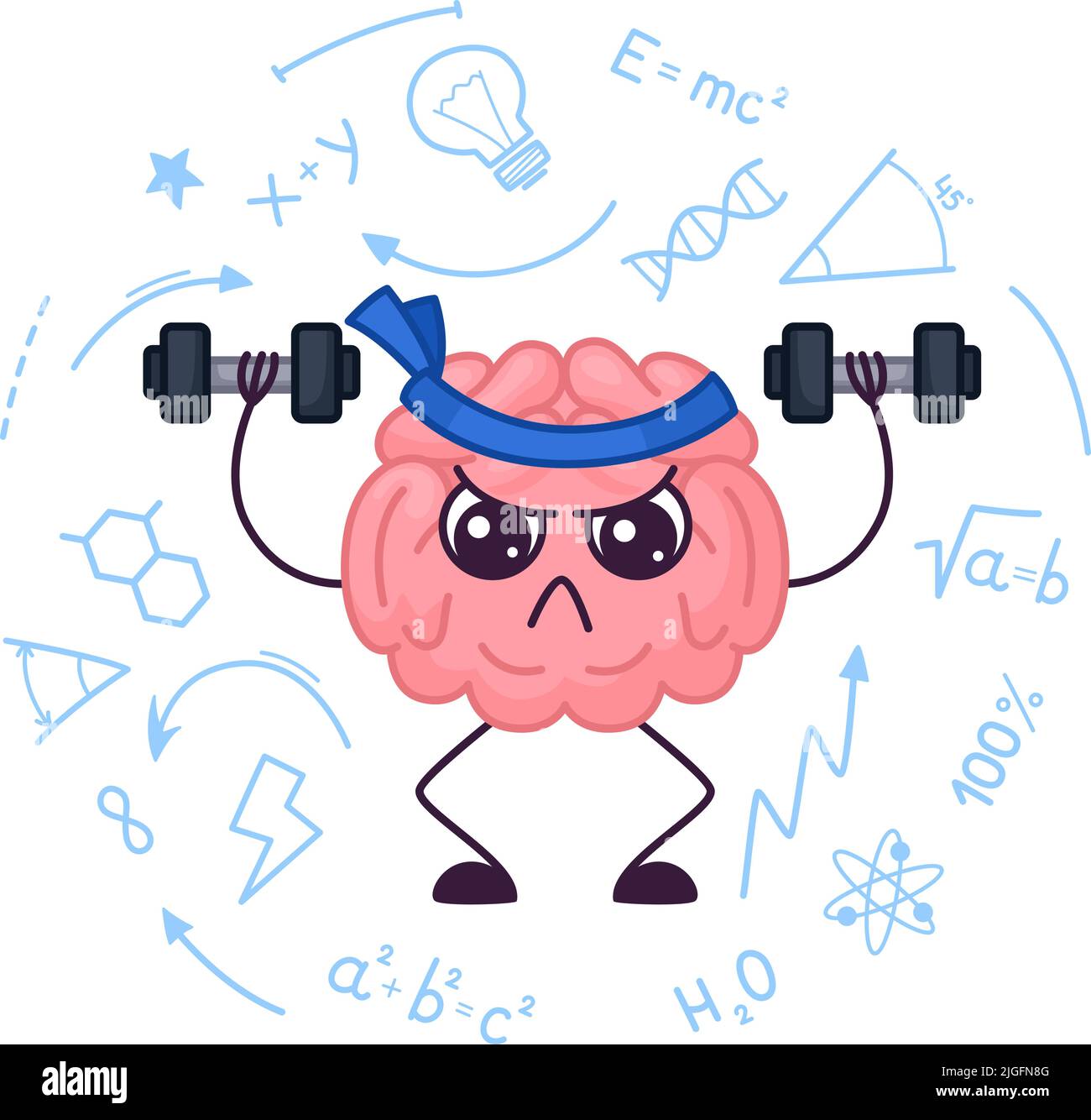 Strong brain training. Knowledge power practice, cartoon inner organ doing sport exercise. Funny human mind gym, smart garish vector mental health Stock Vector