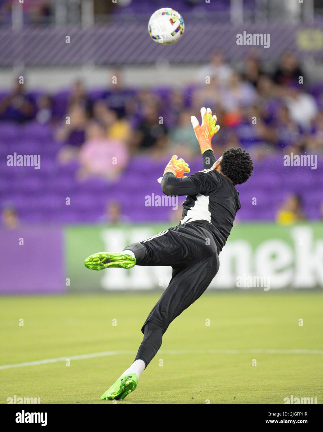 Orlando, FL:  Orlando City goalkeeper Pedro Gallese (1) makes a save during an MLS game against the Inter Miami, Saturday, July 9, 2022, at Exploria S Stock Photo