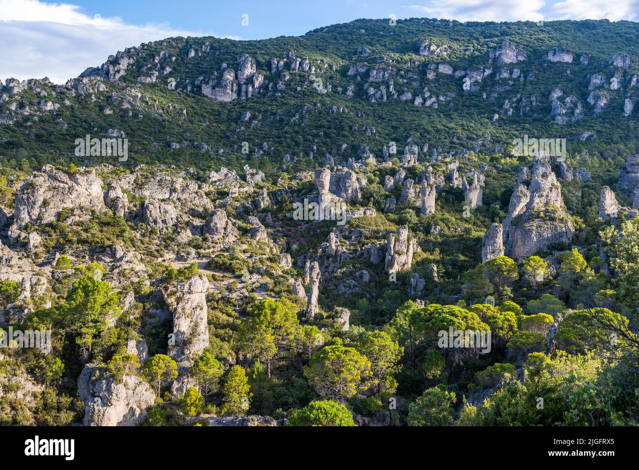 At the edge of the village od Mourèze (Lodève, France) is a spectacular dolomitic limestone outcrop known as the Cirque de Mourèze Stock Photo