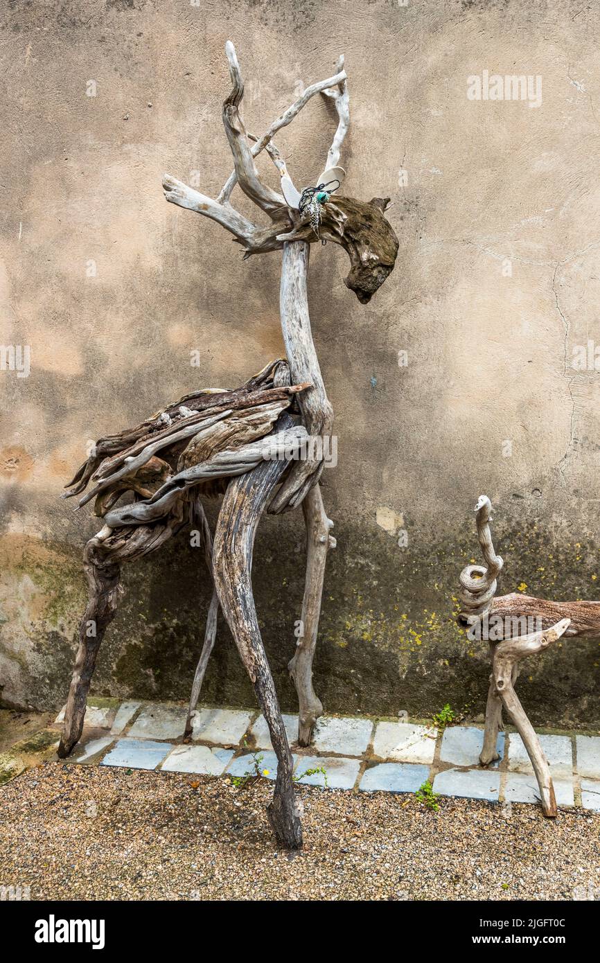 Animal sculptures by Mourèze-based artist Emmanuel Cometto made of unfinished wood Stock Photo