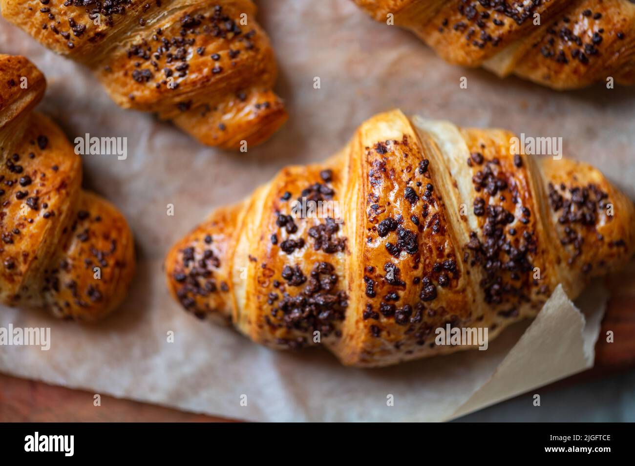 Freshly baked chocolate croissants Stock Photo