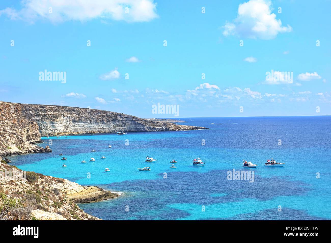 View of the most famous sea place of Lampedusa, Rabbits Beach or Conigli island. LAMPEDUSA, ITALY - AUGUST, 2019 Stock Photo