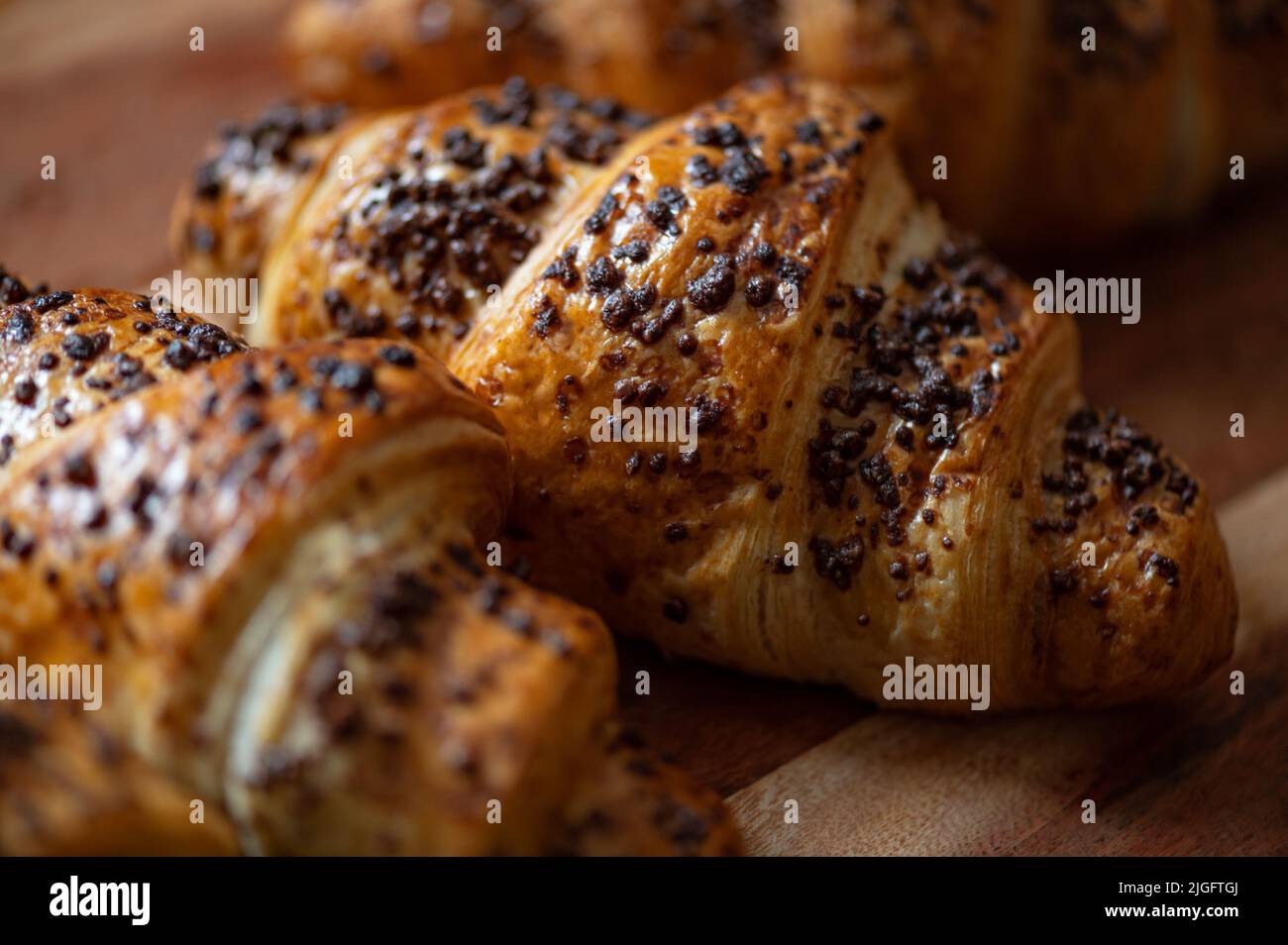 Freshly baked chocolate croissants Stock Photo