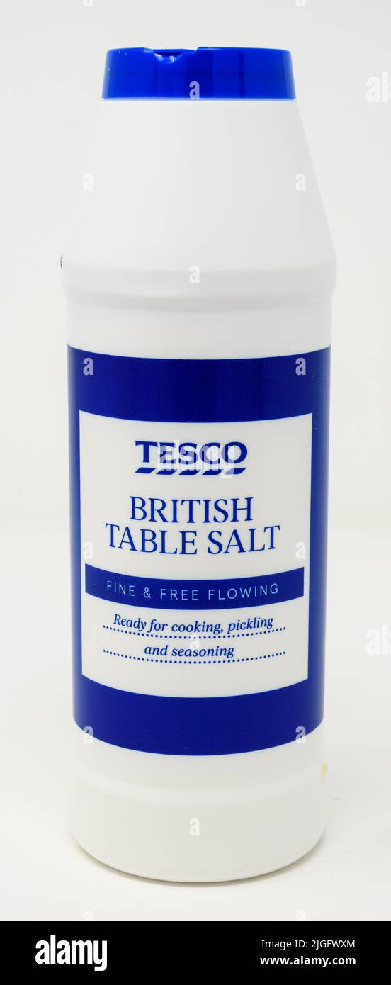 Reading, United Kingdom January 16 2022 A tub of Tesco table salt