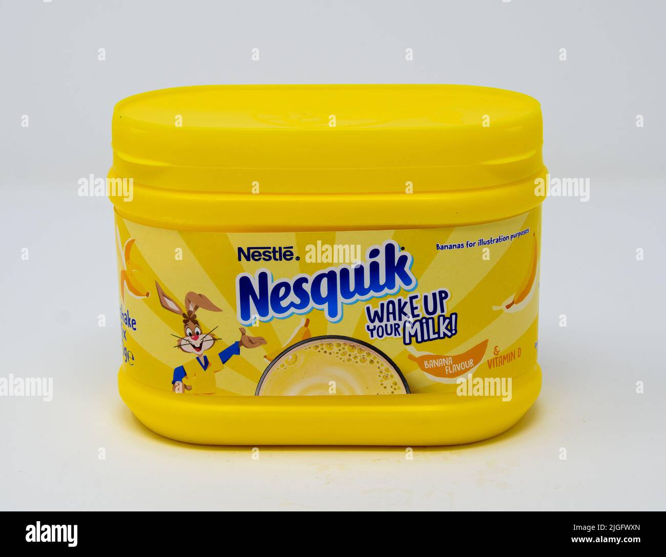 Reading, United Kingdom - January 16 2022 -  A carton of Banana flavour Nesquik milk shake powder Stock Photo