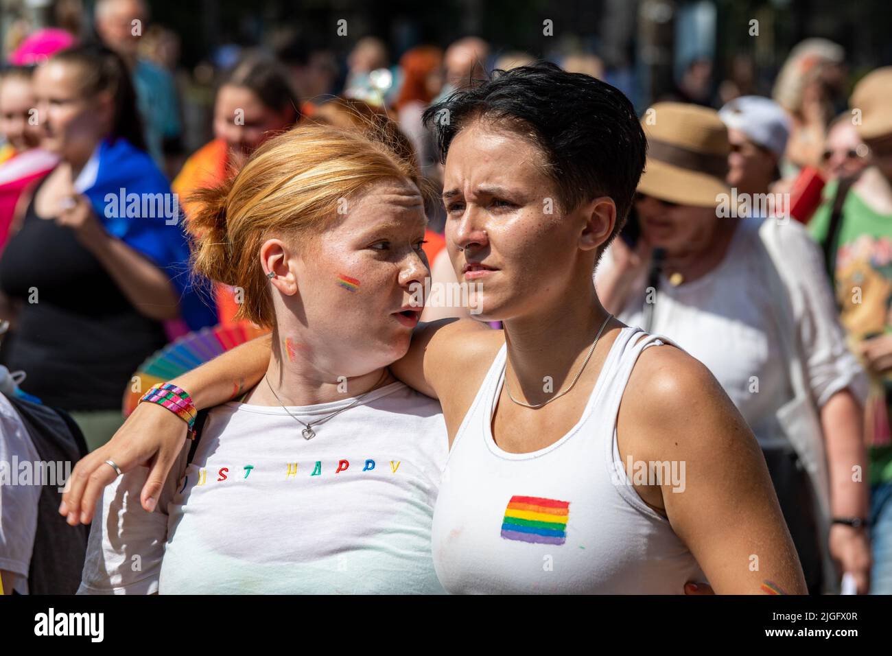 Two women at Helsinki Pride 2022 Parade in Helsinki, Finland Stock Photo