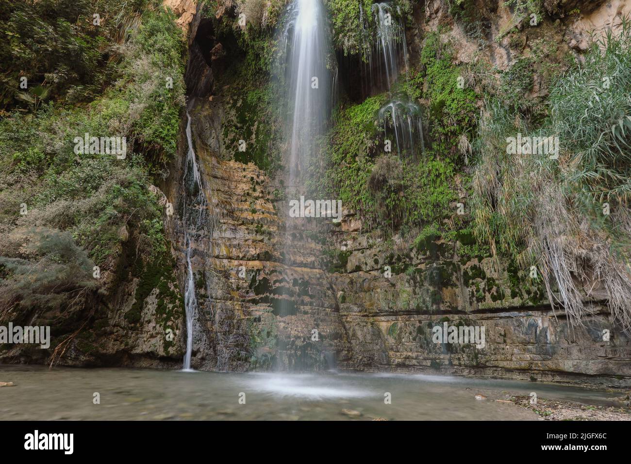 Waterfall and pool in the desert. Waterfall, Ein Gedi, Israel Stock Photo