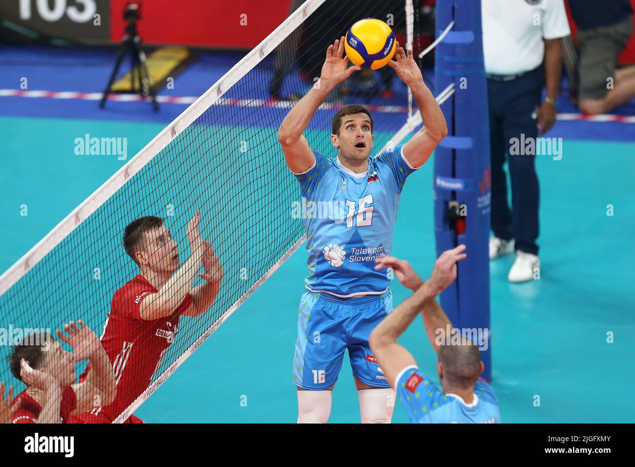 Gdansk, Poland. 10th July, 2022. Kamil Semeniuk (2L) of Poland and Gregor Ropret (2R) of Slovenia during the 2022 men's FIVB Volleyball Nations League match between Poland and Slovenia in Gdansk, Poland, 10 July 2022. Credit: PAP/Alamy Live News Stock Photo