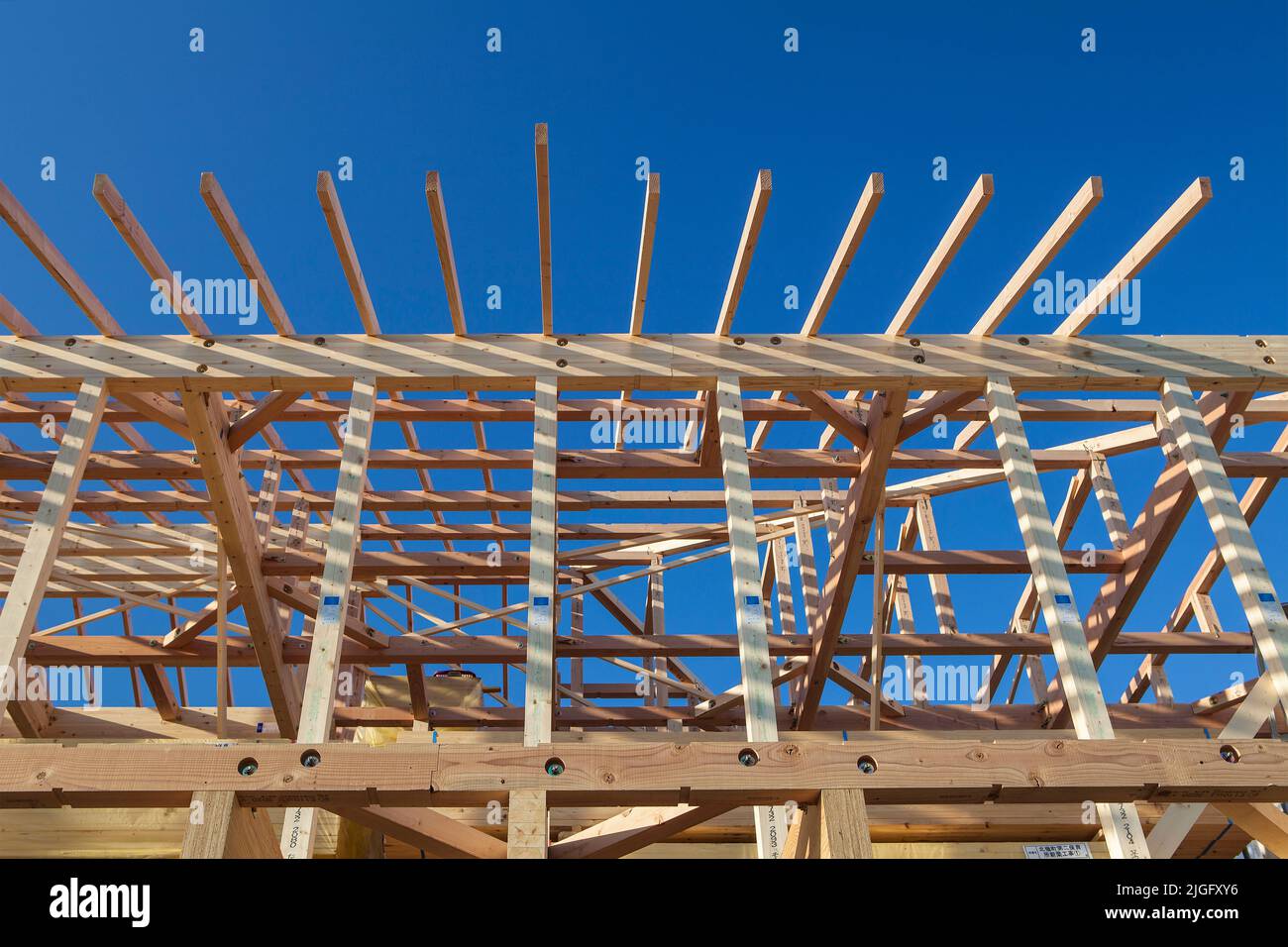 Detail of prefabricated house construction in Ontakesan, Tokyo, Japan Stock Photo