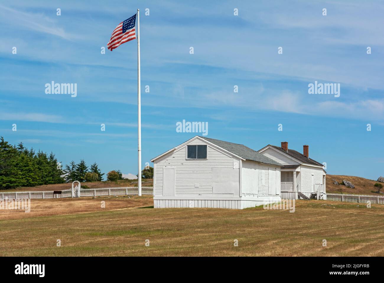 Washington, San Juan Islands, San Juan Island National Historic Park, American Camp, Officers' Quarters, Parade Ground Stock Photo
