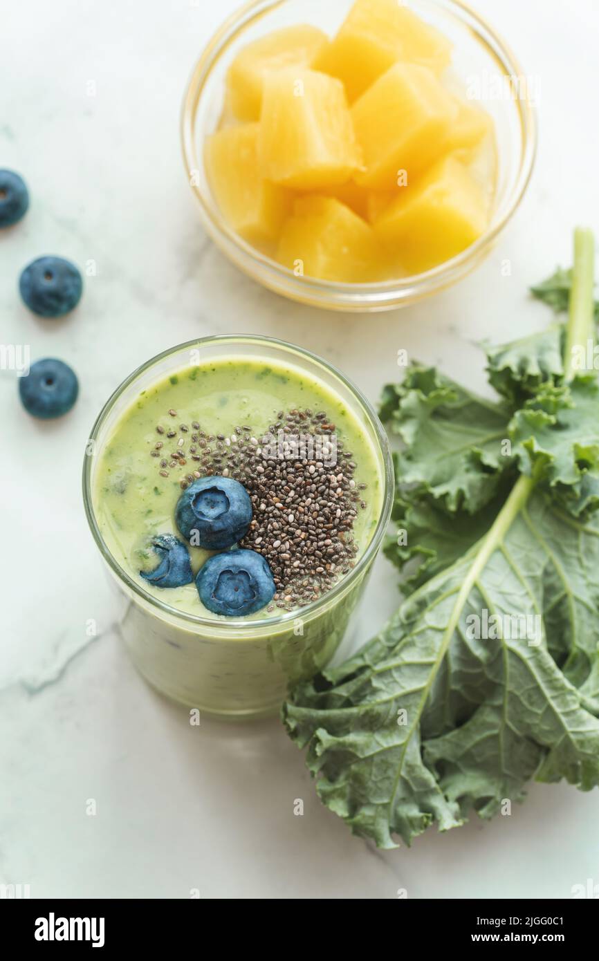 Energy green smoothie with kale, chia and pineapple. Colon cleansing