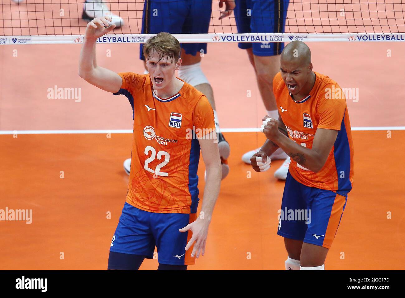 Twan Wiltenburg, Nimir Abdel Aziz during the FIVB Volleyball Nations League  Men's Pool 6 match between Italy and Netherlands in Gdansk, Poland on July  10, 2022. (Photo by Piotr Matusewicz/PressFocus/SIPA USA) France