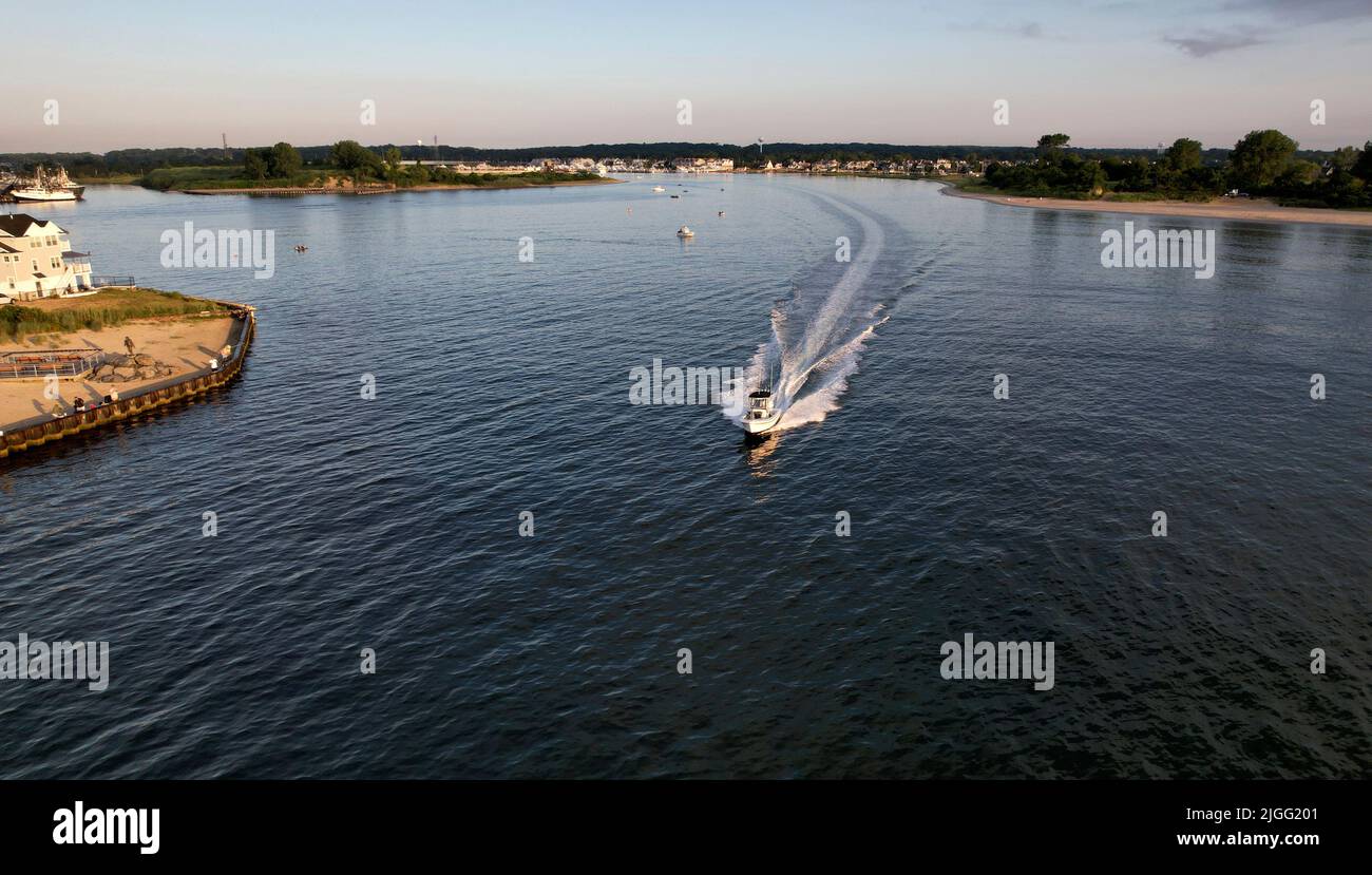 Aerial view of boat on Manasquan River in Manasquan, NJ Stock Photo