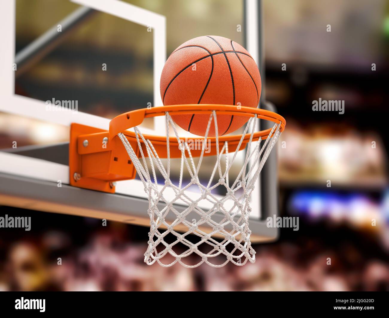 Basketball ball scoring the winning points on basketball net hoop on