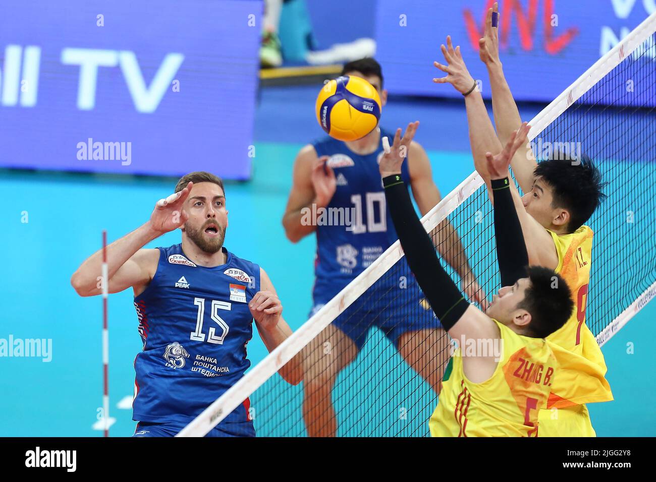 Nemanja Masulovic during the FIVB Volleyball Nations League Mens Pool 6 match between China and Serbia in Gdansk, Poland on July 10, 2022