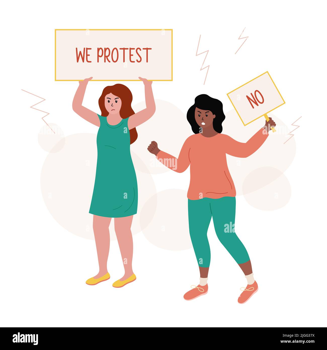 Women protest. Demonstration with placards. Angry girls holding protest posters in hands. African american woman shoutes and raises fist. Flat vector Stock Vector