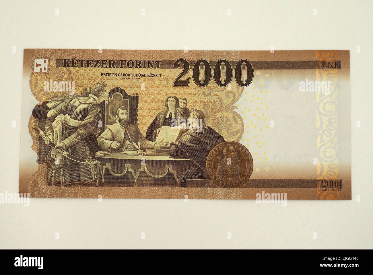 two thousand HUF banknote (1998-), hungarian forint, Viktor Madarász' painting 'Gábor Bethlen among his scientists', Hungary, Magyarország, Europe Stock Photo