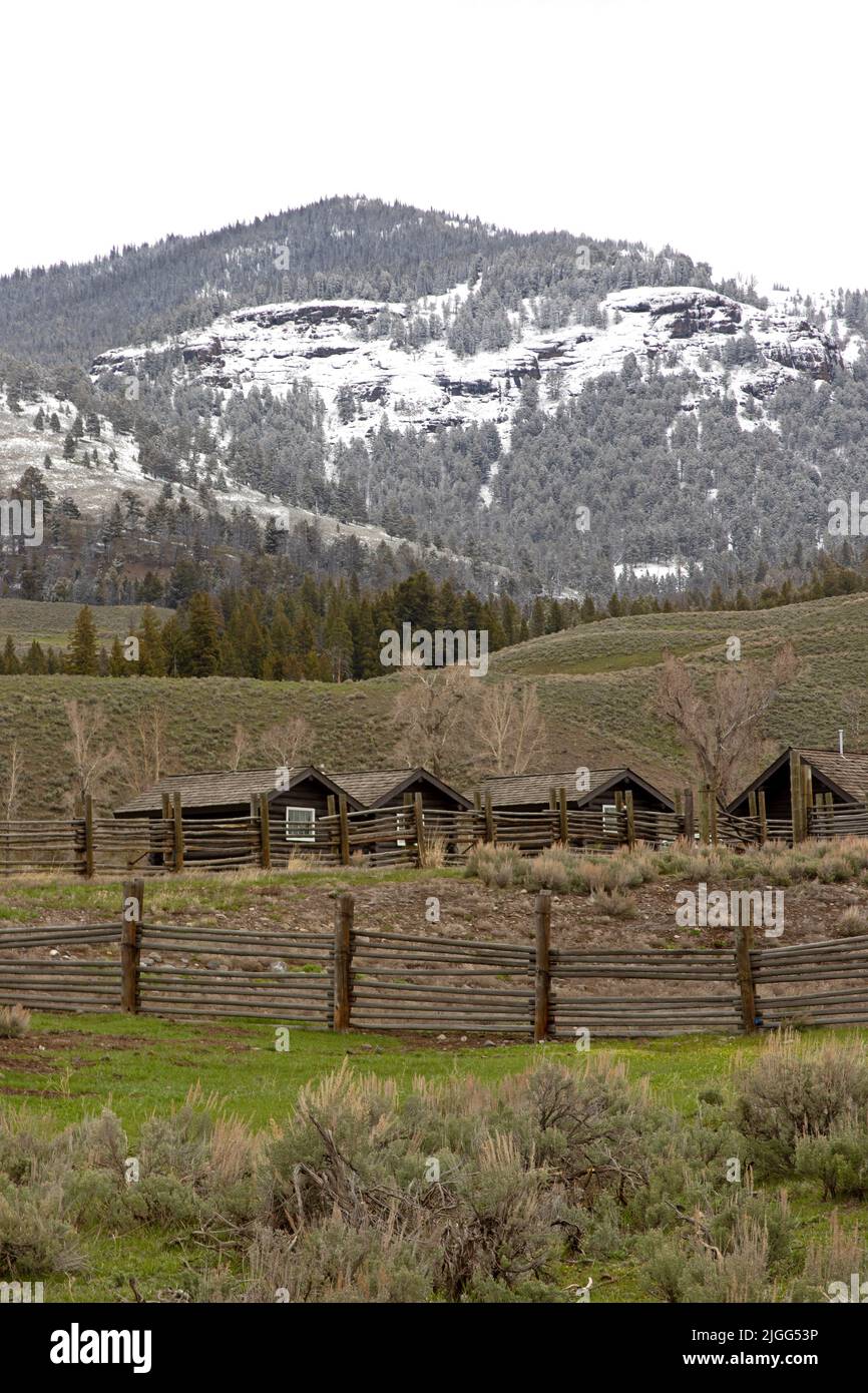 Rustic cabins located above the Lamar Valley in Yellowstone NP, WY, USA during a snowy May, 2022. Stock Photo