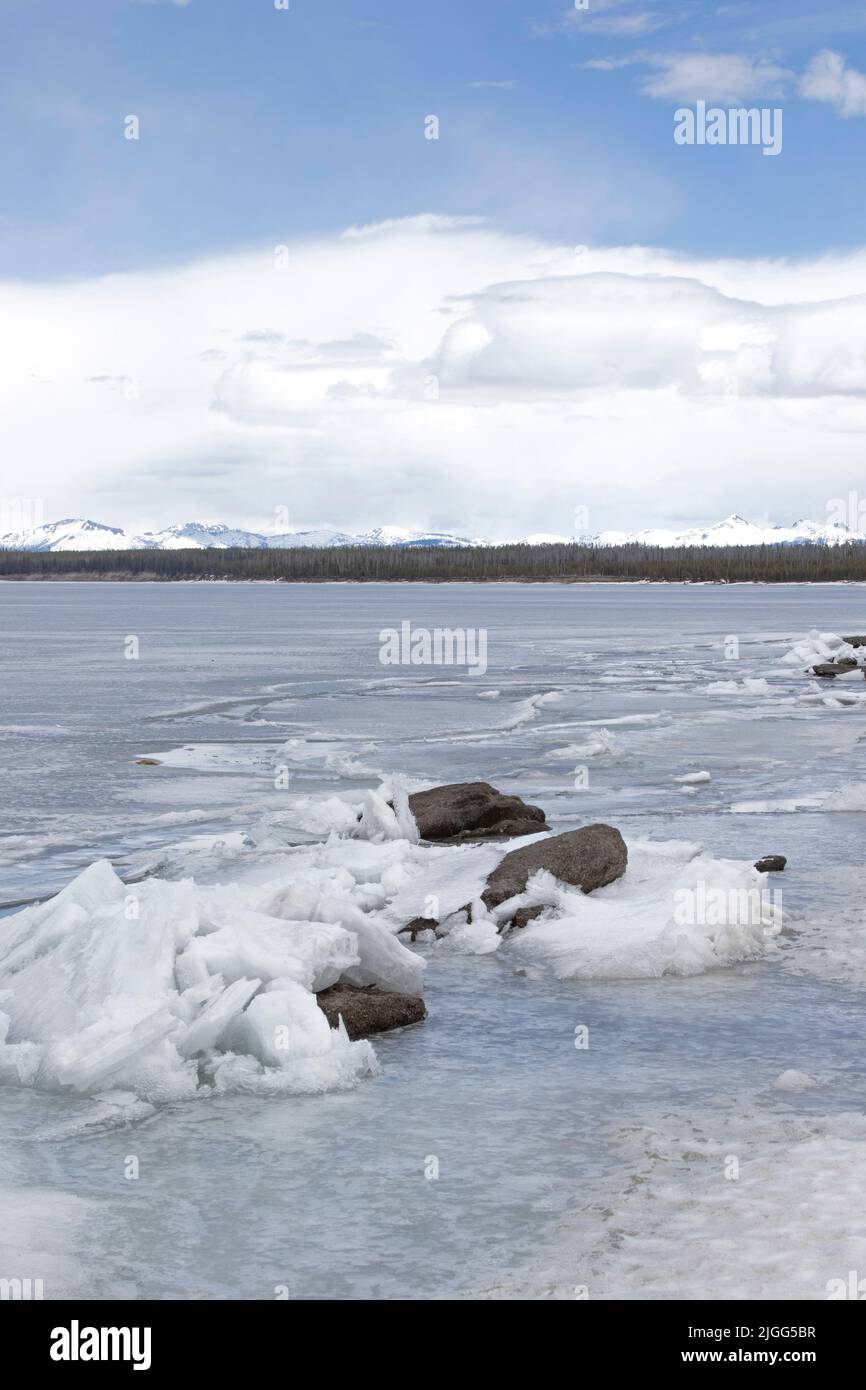 Yellowstone Lake at West Thumb is still frozen in late-May at Yellowstone NP, WY, USA. Stock Photo