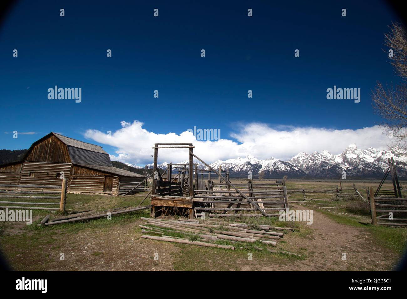 The snow-covered Teton Range forms a scenic backdrop for the historic Mormon Row barns in Grand Teton NP, WY. Stock Photo